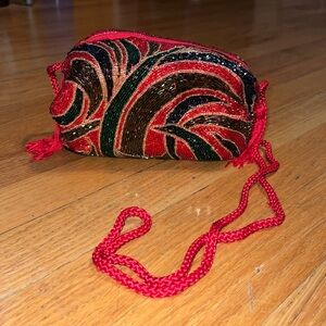 Vintage beaded tassel shoulder bag red blue multi